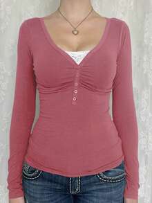 Áo thun nữ GAOVOT, phong cách Y2K mùa xuân/hè, thường ngày, gợi cảm, màu trơn, phối ren, tay dài, cổ chữ V, phù hợp cho việc đi làm. - Bột đậu đỏ - Xem 4