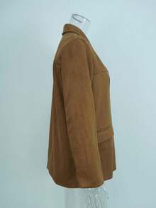 2025 بليزر نسائي أوروبي وأمريكي عتيق بأكمام طويلة فضفاض بجيوب باللون البني، بجيب وسحاب باللون الأحادي للارتداء في المكتب - كاكي - مشاهدة 4
