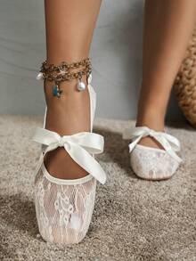 蝴蝶结方头女士平底鞋，时尚镂空透气蕾丝网面平底鞋，温柔优雅的玛丽珍芭蕾平底鞋