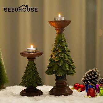 1pc Christmas Tree Candle Holder Home Living Room Christmas Desktop Festive Atmosphere Decoration Candle Stand Ornament, Christmas Tree Ornament Resin Home Christmas Decoration Craft Layout Decorative Item