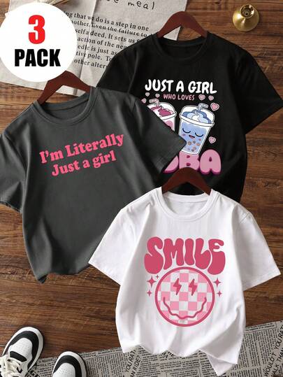 3 قطعة/مجموعة تيشيرتات بياقة طاقم مطبوعة بأكمام قصيرة للبنات، تيشيرتات ملونة تجلب الفرح والسعادة لكل طفل، عيد الحب