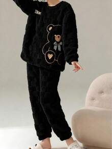 Cute Striped Pajamas , Bear Pattern Comfortable Wool Flannel Fleece Thick Warm Pajama Set , Women's Polyester Sleepwear Top And Pants, Suitable For New Year , Long Sleeve Round Neck Top & Pants Homewear 2-Pieces Set, Cozy Winter Clothes, Fluffy - 黑色 - 查看 5