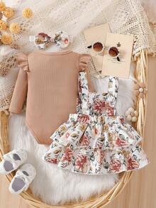 3pcs Baby Girls Christmas Outfit Set: Long Sleeve "My 1st Christmas" Printed Romper With Ruffle Collar, Santa Claus Print Pinafore Dress With Bow Decor, And Bow Headband. Suitable For Christmas Wear - Camel - View 2