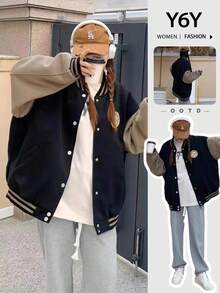 [Y6Y] Women's Classic Fashion Long Sleeve Round Neck Baseball Jacket, Collegiate Style Everyday Wear Bomber Jacket - Black - View 6