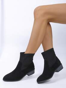 Women's Fashion French Chelsea Maillard Chunky Heel Pointed Toe Elastic Slim Fit Ankle Boots, Spring/Autumn - Black - View 3