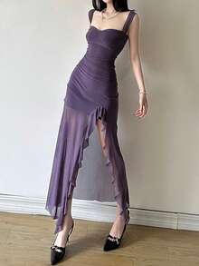 YeonC性感露背紧身连衣裙，荷叶边下摆和开衩设计 - 紫色 - 查看 7