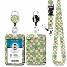 Green White Checkered Lanyards For ID Badges, Cute Cartoon Frog ID Badge Holder With Lanyard Retractable Badge Holder/Reel Lanyard, Teacher Student Office Gifts,Frog - 青蛙 - 查看 1