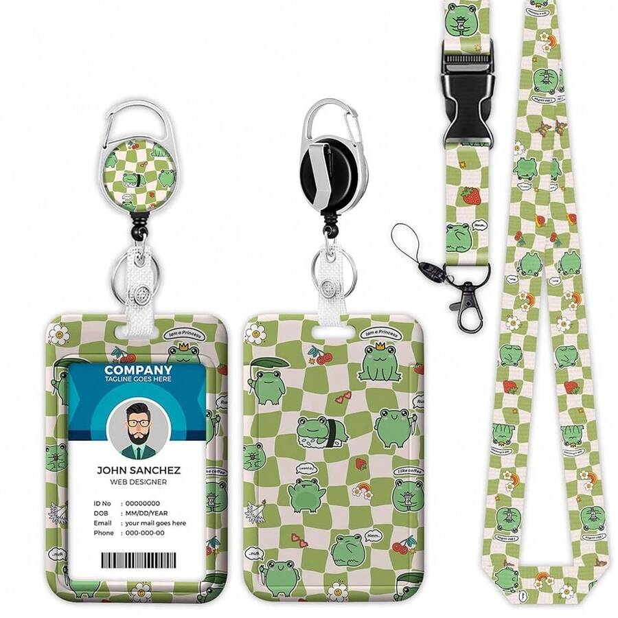 Green White Checkered Lanyards For ID Badges, Cute Cartoon Frog ID Badge Holder With Lanyard Retractable Badge Holder/Reel Lanyard, Teacher Student Office Gifts,Frog - 青蛙 - 查看 1