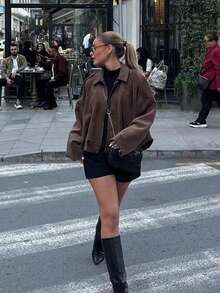 MUMRAP Women Casual Street Fashion Turndown Collar Jacket Vintage Long Sleeve Zipper Loose Coat