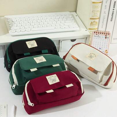 1pc Fashionable Dog Themed Large Capacity Pencil Case, Cute High-Quality Stationery Pouch With Lovely Dog Pattern, Simple & Stylish Pencil Box For Students, 4 Solid Colors Available,Back To School,Bag