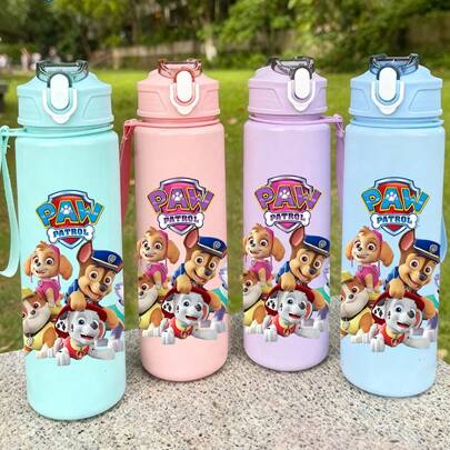 Paw Patrol 1个750毫升旅行塑料水瓶，带提手绳、吸管和瓶盖，可爱图案，高品质，防漏防震耐用，大容量便携，适合户外运动、徒步、野餐、跑步、健身，也适合通勤，是送给学生、家人、男女朋友、生日、毕业、情人节的理想礼物。