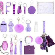 Safety Keychain Set For Women, With Personal Alarms, Bottle Opener, Pom Pom, Mirror, Whistle, Bead String, Card BagChristmas - 紫色 - 查看 10