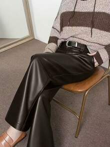 Melard PU Leather Wide Leg Palazzo Pants, Casual Vintage Style, Fashionable For Commuting - Coffee Brown - View 5