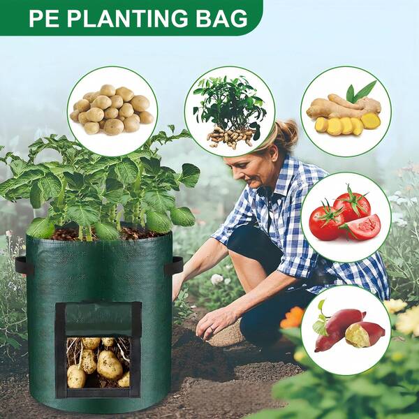 2pcs 7/10 Gallon Waterproof PE Potato Grow Bags With Hook And Loop Observation Window, Dual Handles, Ventilation Holes, Drainage Holes, Suitable For Vegetables/Flowers Planting, Home Outdoor Balcony Gardening