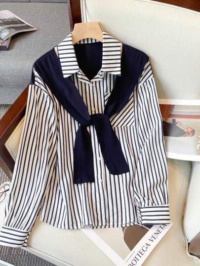 Women's Long Sleeve Striped Shirt, Loose Fit Blouse With Detachable Collar, Versatile For All Seasons