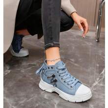 2025新款帆布高帮女鞋，透气厚底休闲运动鞋，蓝色牛仔靴，运动靴