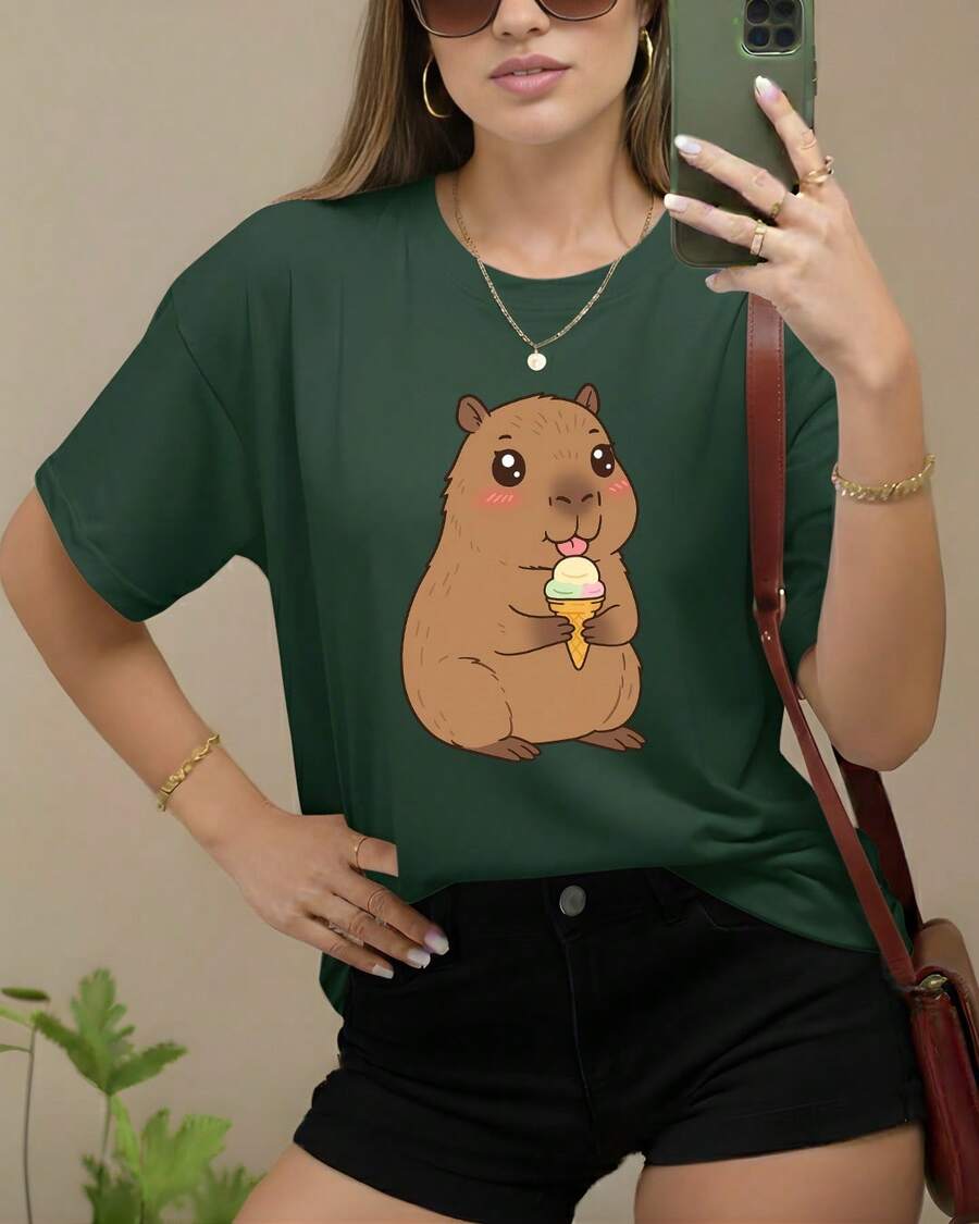 Women's T-Shirt 100% Cotton Cute Capybara Print Eating Ice Cream Short Sleeve Crew Neck T-Shirt Cute Casual Comfortable And Stylish Green - 綠色 - 查看 1