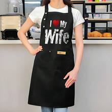 1 Piece Women's Kitchen Apron With Pockets - Easy-To-Clean Cooking And Baking Apron, Black With The Text "I Love My Wife" And Heart Pattern - Sturdy And Durable Construction, Front Pocket Design, Suitable For Home, Restaurants, Bakeries, Food Trucks - Ideal Gift For Wife, Suitable For Wives, Chefs, Home Cooks - Durable And Practical Kitchen Apparel, White Lettering And Functional Design, Suitable For Cooking Enthusiasts, Women's Apron, Christmas Apron, Kitchen Apron, Men's Apron - AZX0001 - 查看 4