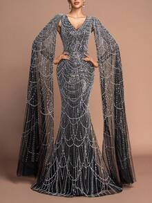 Women's Elegant V-Neck Cape-Like Ultra-Long Slit Sleeve Sparkly Beaded Floor-Length Party Gown – Form-Fitting Mermaid Skirt For Formal Parties, Galas & High-End Events