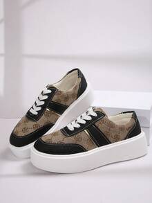 女式加大码 36-43 春秋时尚百搭棕色花卉拼接黑色系带厚底休闲运动鞋，轻便舒适的休闲平底鞋，适合日常穿着 - 棕色小花拼黑色 - 查看 8