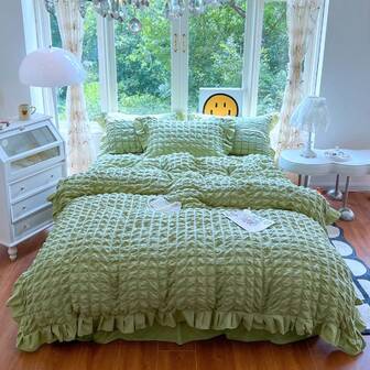 3pcs New Foam Yarn Solid Color Lace Three Pieces Set, Cute And Fresh Style, Skin Friendly And Soft, Suitable For All Seasons (2 Pillowcases, 1 Duvet Cover, No Core, Filling The Duvet Core For Better Effect)