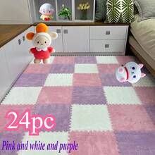 24pc Inspired Interlocking Carpet Pads, Easy To Clean, Square Pattern, Non-Slip EVA Backing, Protective Floor Tiles, Exercise Mat, For Bedroom, Living Room, Game Room, Rental Transformation, And Balconyn. - 彩色 - 查看 13