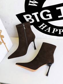European Style Banquet Elegant Suede Pointed Toe Stiletto Heel Side Zipper Slim Ankle Boots For Women - Dark Brown - View 4