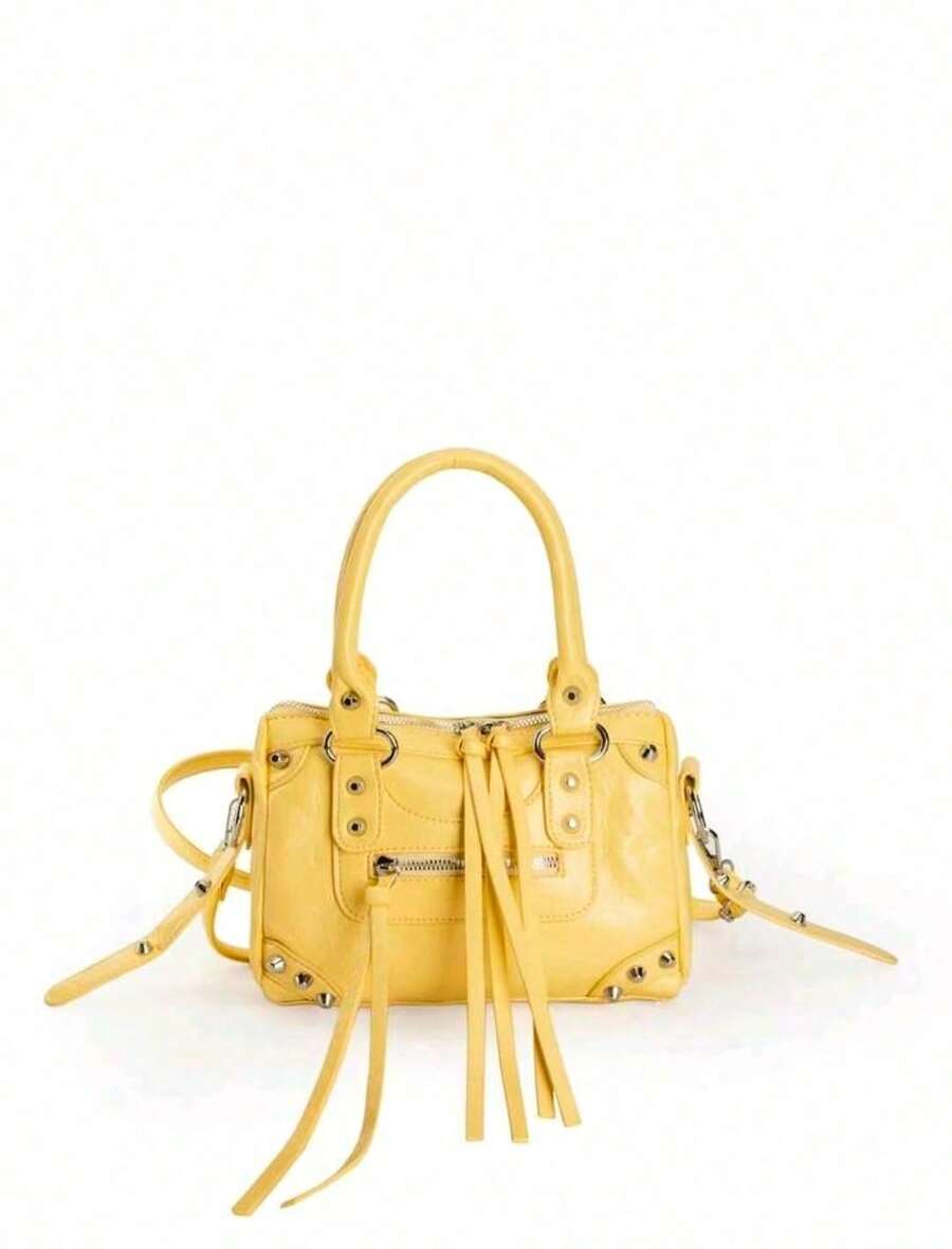 Yellow Patchwork Studs With Metal Fringe Zipper Accents Retro PU Leather Ring Strap With Stud Detailing Double Handles With Adjustable Long Shoulder Strap Zipper Closure Fashionable Retro Sweet-Edgy Style Biker Bag With Y2K Punk Aesthetic Square Silhouette Women's Handbag Casual Understated Luxury Crossbody Bag - Màu vàng - Xem 1