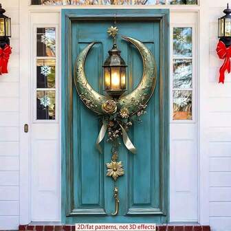 2D Polyester Ramadan Door Banner 1pc Vintage - Style Crescent Moon Door Hanging Decor With Lantern And Floral Embellishments Eid Al-Fitr Photo Props And Supplies, Suitable For Muslim Ramadan And Eid Al-Adha Celebrations, Islamic-Themed Holiday Decorations