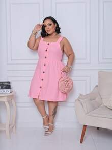 Plus Size Linen Short Dress With Button And Pocket, New Model. - Rosa Pálido - Ver 2