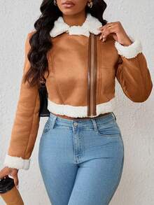 Chaqueta Con Forro De Peluche De Estilo Abierto Y Con Cremallera Casual Para Mujer,Otoño E Invierno,Chamarra,Abrigos Para Mujer Invierno,Cazadora - Marrón - Ver 5