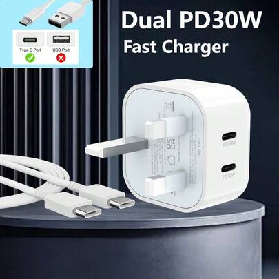 شاحن مزدوج 60 واط مع كابل نوع C، شحن سريع 30 واط لهواتف آيفون 17/16/15، شاحن مضغوط من نوع USB-C يدعم