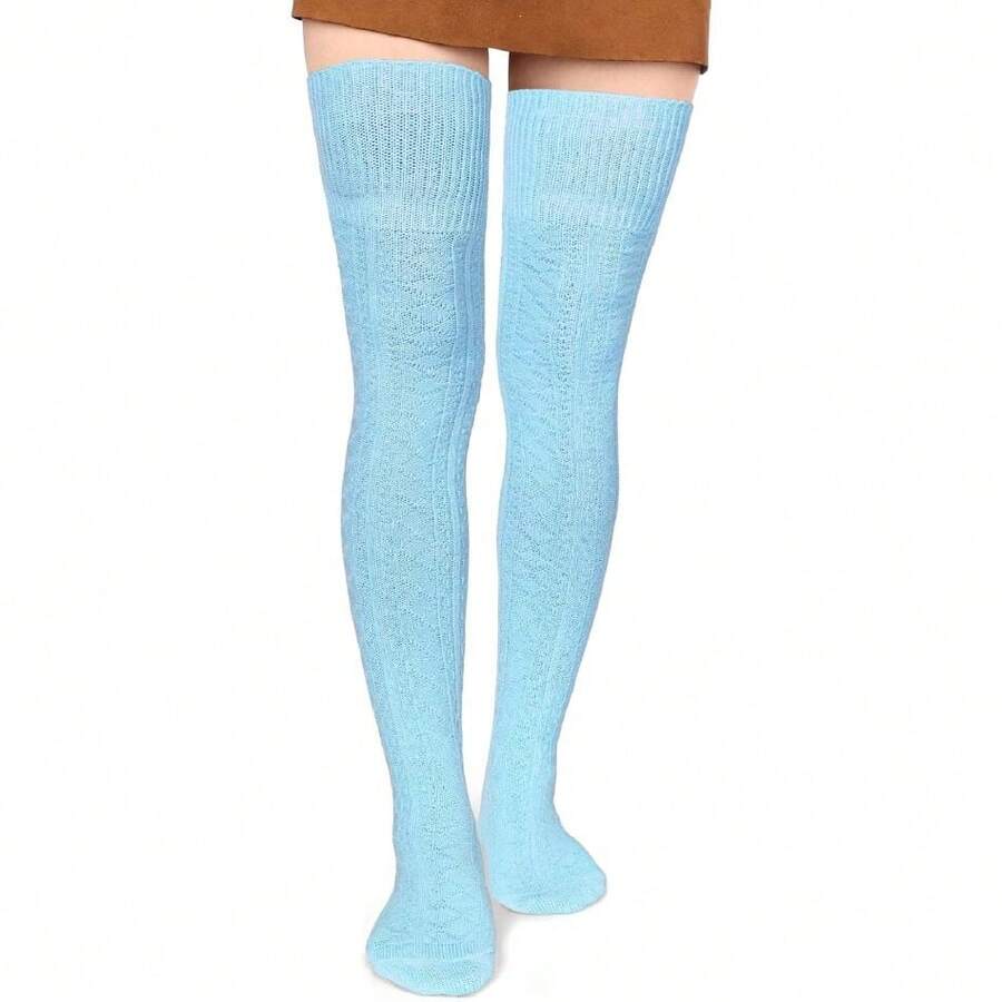 Women Thigh High Socks Extra Long Cotton Knit Warm Thick Tall Long Boot Stockings Leg Warmers,28126062 - 藍色 - 查看 1
