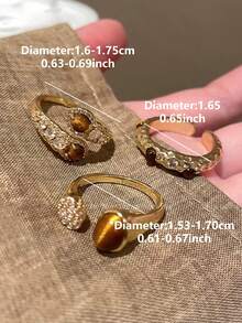 3件套优雅别致复古硬币造型奢华虎眼石和立方氧化锆镶嵌时尚戒指套装，适合女性日常、派对、婚礼等场合佩戴。