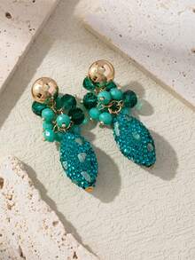 一对手工制作的法式奢华水钻镶嵌贝壳纹理水滴形串珠耳环，适合婚礼、正式场合和日常佩戴。纯手工制作，形状、颜色和图案位置略有差异。 - 綠色 - 查看 2