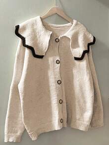 Women's Casual Oversized Collar Contrast Color Cardigan Top, Versatile For Autumn/Winter