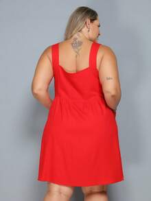 Plus Size Linen Short Dress With Button And Pocket, New Model. - Red - View 7