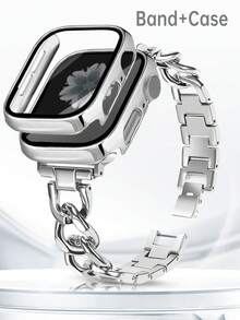 兼容 表带和 保护壳，银色空心链式手链金属表带和银色手表保护壳，带屏幕保护膜，防尘、防震、防刮保护套，适用于 Ultra 3/2/1 SE/S10/S9/S8/S7/S6/S5/S4/S3/S2/S1，金色，送给男朋友的礼物，时尚，优雅的女士表带 38mm/40mm/41mm/42mm/44mm/45mm/46mm/49mm，全球新畅销书，男女皆宜