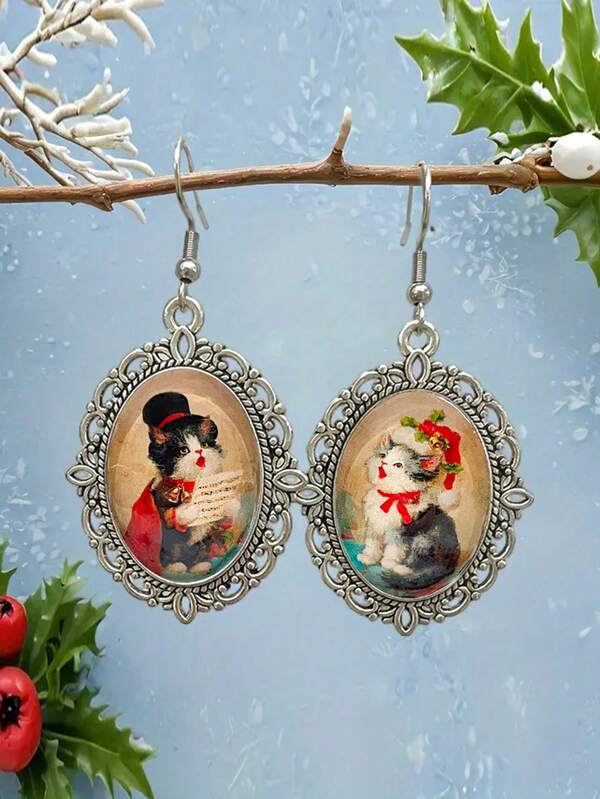 suteyi Victorian-Style Christmas Cat Earrings, A Pair Of Kittens Wearing Santa Hats And Top Hats, Singing Christmas Carols, A Holiday Jewelry Gift.
