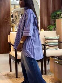 HERTALK Women's Loose-Fitting Short-Sleeved Collared Button-Down Striped Shirt Blouses For Women - 藍色 - 查看 2