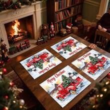 1 pieza/4 piezas/6 piezas/100 piezas Mantel individual con patrón de camión rojo y muñeco de nieve de Navidad, lavable a máquina, rectangular de poliéster, protector de mesa, manteles individuales aislantes del calor, decoraciones de mesa de restaurante, suministros para fiestas, decoraciones navideñas, se pueden regalar - Multicolor - Ver 2