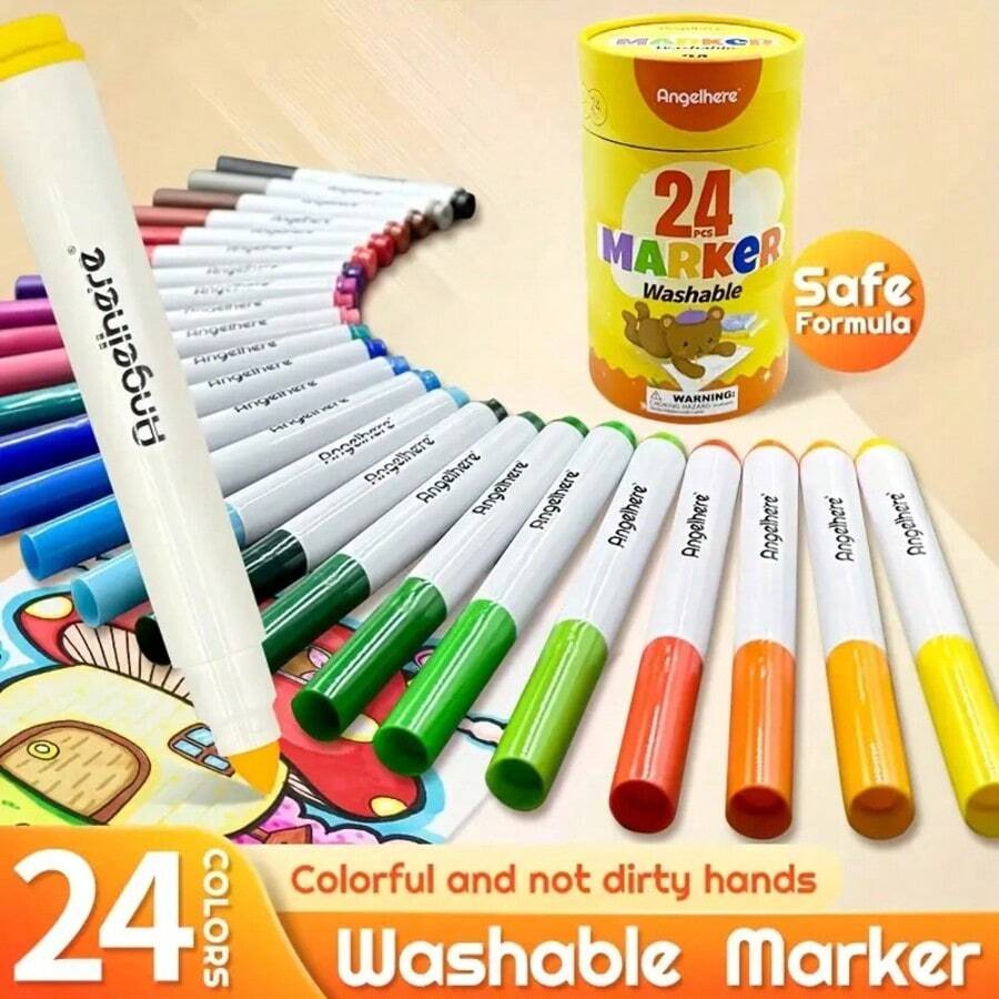 أقلام تلوين مائية قابلة للغسيل للأطفال من Angelhere، طقم أقلام بطرف مخروطي فائق القابلية للغسيل، مستلزمات فنية لرسم الأطفال - متعدد الألوان - مشاهدة 1