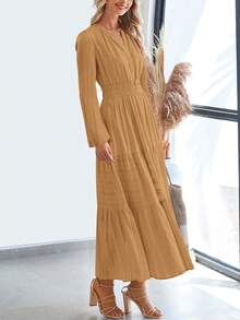 Women Fall Maxi Dresses Long Sleeve High Waist Tiered Flowy A-Line Boho Bohemian Long Dress Beach Holiday Vacation Wedding Guest Valentine Outfit - 卡其色 - 查看 4