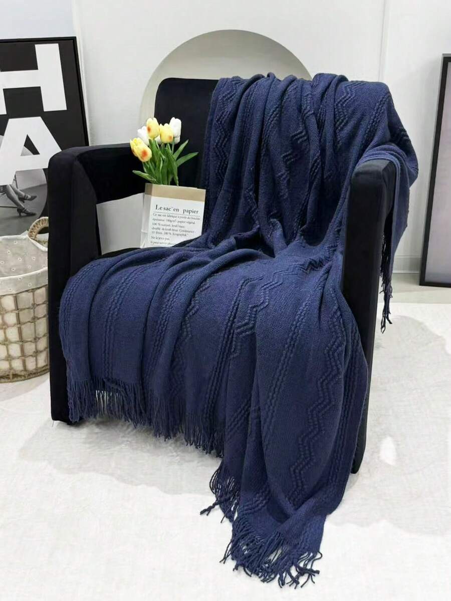 1pc Wavy Pattern Blanket, Nordic Style Acrylic Rectangle Tassel Solid Color Sofa Cover Blanket, Bedding Decor Throw Rug, Nap Blanket, Knitted Blanket - Vertical Stripes With Three Bends, Dark Blue - View 1
