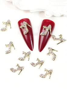 10pcs Y2k Style Gold Glitter High Heels Shape Alloy Nail Jewelry Accessories Set, Can Be Suitable For Nail Art Decoration, Winter Handmade DIY Decorative Accessories, 3D Nail Decorative Patches, Nail Glamour, Nail Gemstones, Rhinestones And Decorations.