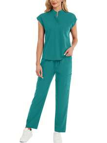 2pcs Set Solid V-Neck Short Sleeve Top And Pants Scrub Set Spring - Cadet Blue - View 4