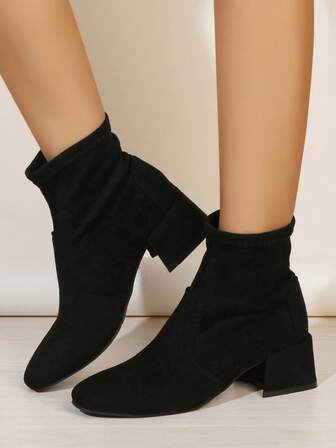 2025 New French Suede High Heel Ankle Boots, Chunky Heel Round Toe Slim Fit Elastic Boots, Western Style Sporty Glossy Version, Autumn/Winter