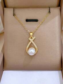 1 Set Stainless Steel Chain Zirconia Water Drop Faux Pearl Pendant Fashion Necklace & Earrings Set, Gift Jewelry - Gold - View 4