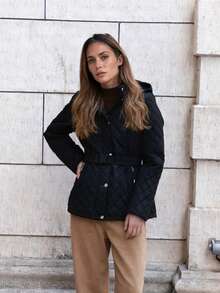 Women's Black Diamond Pattern Hooded Puffer Jacket With Belted Waist For Fall And Winter - Slimming, Warm And Fashionable Versatile Outerwear