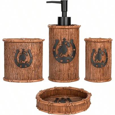 Bathroom Accessory Sets 4PCS Complete Western Rustic Horseshoes Decoration For Modern Bathroom Includes Lotion Dispenser Toothbrush Holder Tumbler Cup And Soap Dish Stylish And Functional Bathroom Accessories Set For Home Use
